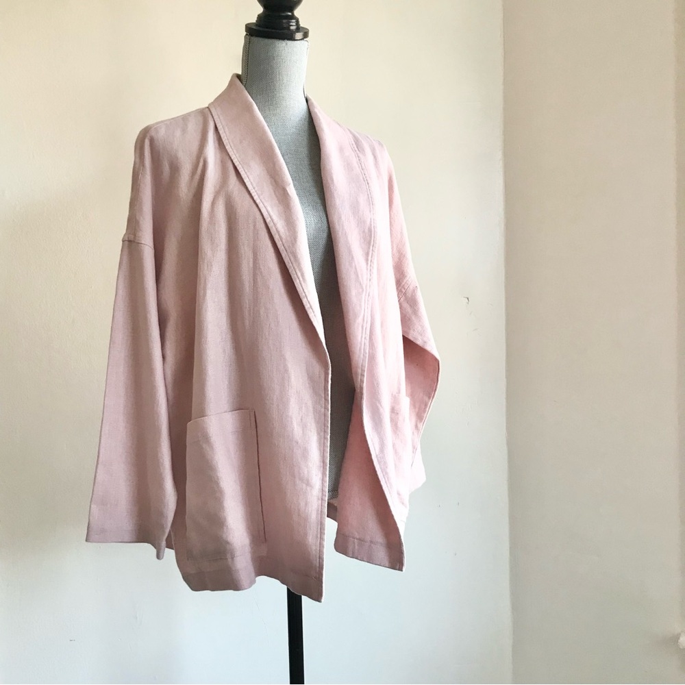 Eileen Fisher Organic Linen Blush Pink Shawl Collar Open Front Jacket Blazer S - Picture 8 of 10